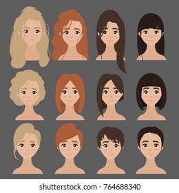 Vector design of beautiful collection of female haircuts. Hairdo. Set of woman hair styling. Young girls. Brunette, blonde, ginger, red and black color of thatch.