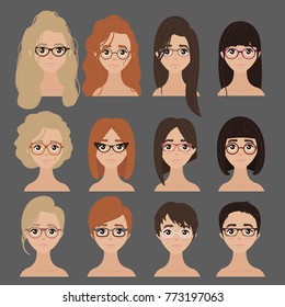 Vector design of beautiful collection of female in glasses and different haircuts. Hairdo. Set of woman eyeglasses style