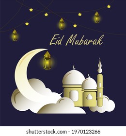 vector design. beautiful reid mubarak greeting card design with modern lantern specially for Ramadan wishing and design, invitation for Muslim community. mosque silhouette. translated "happy eid