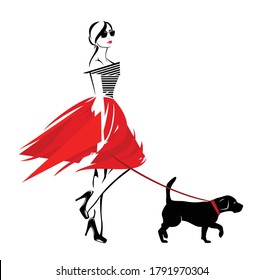 vector design of beautiful stylish woman wearing fashion clothes walking with her pet dog on the leash