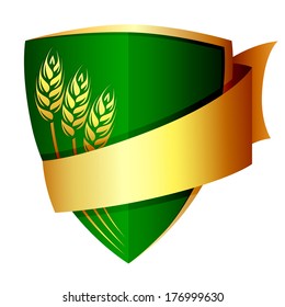 Vector design of beer label with shield, gold ribbon and three ears of barley