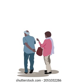 Vector design of Behind the scenes of a bald old man walking with his hands behind his back walking in front of his elderly wife wearing a pink coat and scarf she walked with a handbag to carry her ar