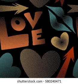 Vector design in beige, blue and orange colors. Flat design of hearts, cupid's arrow, lipstick kisses and love word. Seamless pattern of icon love symbols on a black.