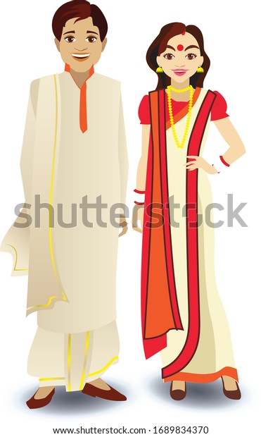 Vector Design Bengali Couple Traditional Costume Stock Vector (Royalty ...