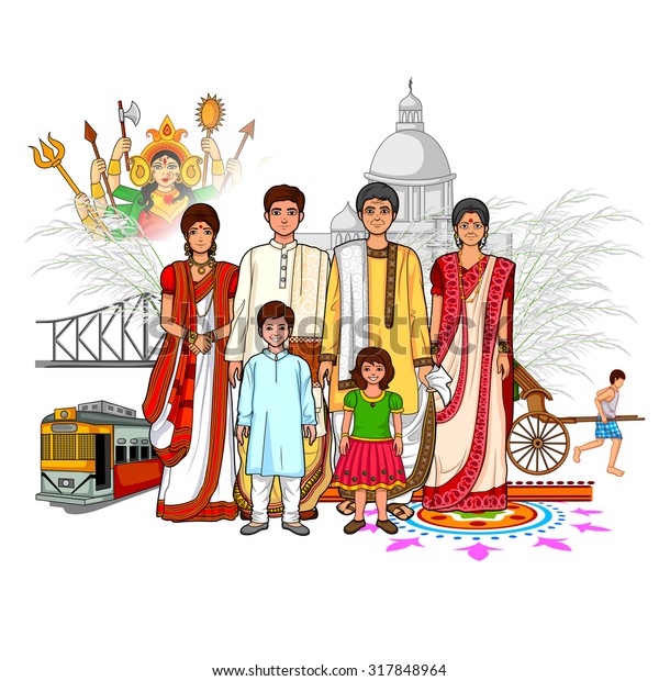Vector design of Bengali family showing culture of\
West Bengal, India