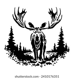 vector design of a big deer in a forest that is simple, unique, attractive with a vintage style