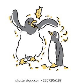 vector design of a big penguin appearing to dance trying to communicate with a confused little penguin