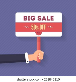 Vector Design Big Sale Lettering, Flat Long Shadow Style Signboard Hold Hand 