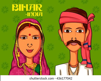 Vector design of Bihari Couple in traditional costume of Bihar, India