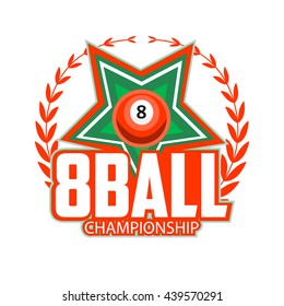 Vector Design Billiards, pool and snooker sport icon. Poolroom emblems design with balls, laurel wreath, stars. Vector Illustration. Isolated on White.
