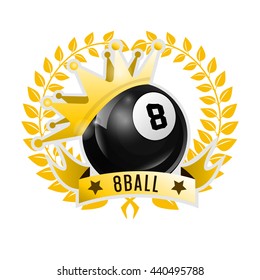 Diseño de vectores Billiards, billar e icono deportivo de billar. Emblemas de la sala de piscina con bolas, corona de laurel y corona dorada. Ilustración vectorial. Aislado en blanco.