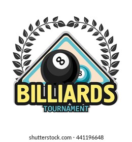 Vector Design Billiards, pool and snooker sport icon. Poolroom emblems design with balls, laurel wreath. Vector Illustration. Isolated on White.