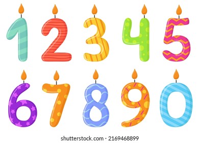 Vector design birthday candle set in the shape of all numbers. Illustration of birthday candles on a white background. Burning colourful candles with different festive patterns in flat style. 