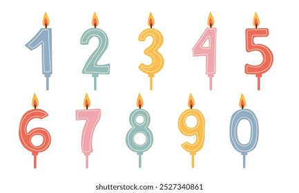 Vector design birthday candle set in the shape of all numbers. Illustration of birthday candles on a white background. Burning colorful candles in flat style isolate on white.