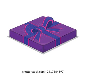 vector design of a birthday gift in the form of a flat box seen from a 3d isometric angle, purple with a dark blue ribbon tied with pink stripes on the top and sides of the gift box