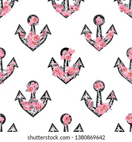 Vector design with black anchors on a white background. Anchors are decorated with pink cherry blossoms. Floral repeat pattern with marine feeling. Anchors are made from small dots. 