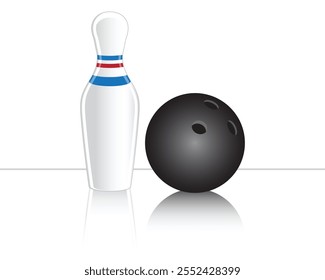 vector design of a black bowling ball and also has white pawns with blue and red stripes