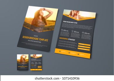 Vector design of a black brochure with orange arrows and a place for a photo. Template of the front and back pages of the flyer with for business, advertising and printing.