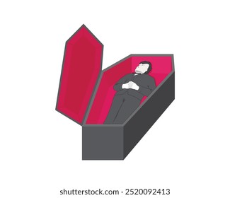 vector design of a black coffin with a red base and it appears there is a person wearing a black coat lying inside