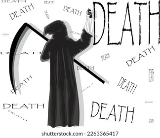 vector design of a black costumed angel of death with a giant scythe in his arms writing many words DEATH on the wall using pilox spray