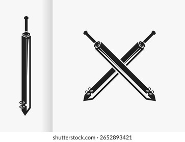 Vektordesign mit schwarzen Kreuzschwertern und Schwertern. schwarze Schwertskizze auf weißem Hintergrund