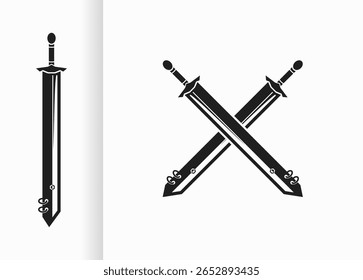 Vektordesign mit schwarzen Kreuzschwertern und Schwertern. schwarze Schwertskizze auf weißem Hintergrund
