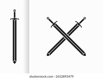 desenho vetorial com espadas e espadas pretas cruzadas. esboço de espada preta no fundo branco