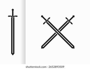 Vektordesign mit schwarzen Kreuzschwertern und Schwertern. schwarze Schwertskizze auf weißem Hintergrund