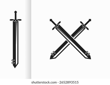 Vektordesign mit schwarzen Kreuzschwertern und Schwertern. schwarze Schwertskizze auf weißem Hintergrund