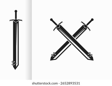 desenho vetorial com espadas e espadas pretas cruzadas. esboço de espada preta no fundo branco
