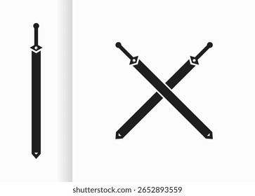 Vektordesign mit schwarzen Kreuzschwertern und Schwertern. schwarze Schwertskizze auf weißem Hintergrund