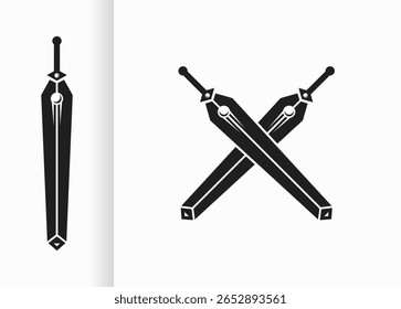 Vektordesign mit schwarzen Kreuzschwertern und Schwertern. schwarze Schwertskizze auf weißem Hintergrund
