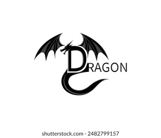 vector design of a black dragon-like symbol or symbol with wings and a tail at the bottom of the letter D and the word DRAGON on the side