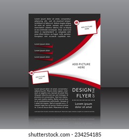 Vector design of the black flyer with red elements and places for images. Poster template for your business.