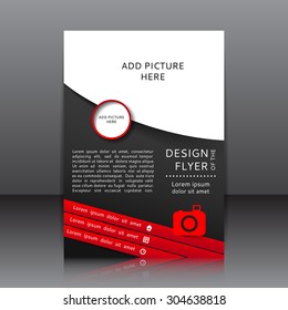 Vector design of the black flyer with red elements and places for images. Poster template for your business. Vector illustration.