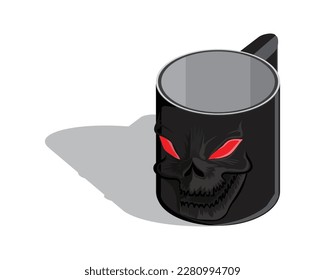vector design of a black glass or container that is usually used to drink water or milk or coffee with a modified image of a skull monster face with glowing red eyes