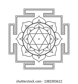 vector design black monochrome Bhuvaneshvari aspect Yantra Dasa Mahavidya sacred geometry divine mandala illustration bhupura lotus petals isolated white background  
