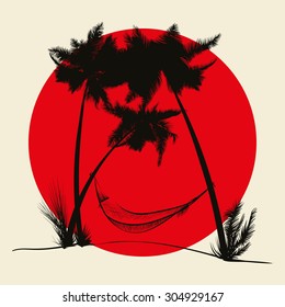 Vector design. Black silhouettes of palm trees with a hammock on a background of the red sun.