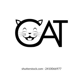 vector design of a black symbol or logo with the words CAT where the letter C is modified to resemble the head of a smiling cat with eyes, ears, nose and mustache