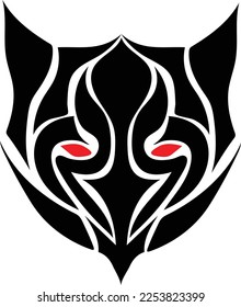 vector design of a black tattoo consisting of a line shape with different thicknesses to form a pattern like the head of a creature with two red eyes