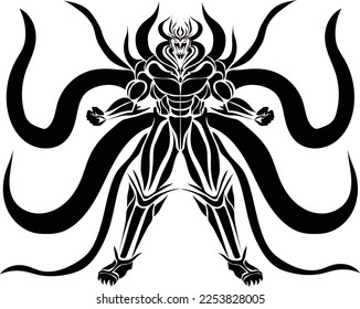 vector design of a black tattoo shaped like a monster with many horns on various parts of its body and with red eyes and several tentacles on its back