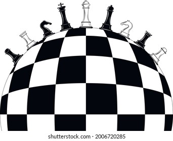 Vector design in black and white colors. Chess pieces on the board in the form of a circle.