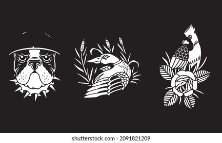 vector design black and white dog, swan and woodpecker illustration
