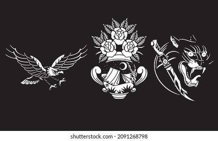 vector design black and white eagle, flower and head black panther set