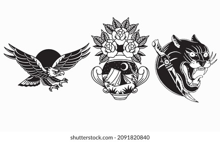 vector design black and white eagle, flower and head black panther set