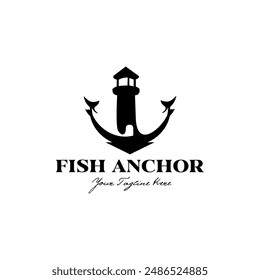 The vector design is a black and white logo that uses the Fish Anchor. displays a lighthouse in the middle of the anchor. Useful for businesses related to maritime, fishing, or seafood.