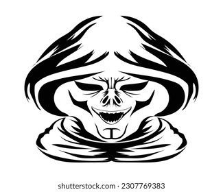 vector design of a black and white sketch of a monster with black headgear similar to a reaper with fanged teeth looking down smiling