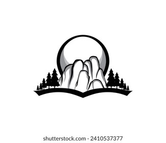 vector design, a black and white sketch illustration of a rocky cliff with several trees in front and a circle as an illustration of the moon with a shape like an open book at the bottom