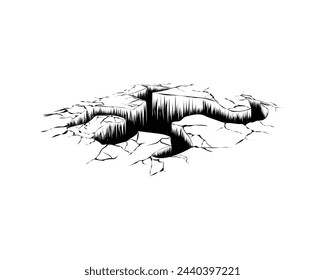 vector design, a black and white sketch illustration of the ground cracking due to someone falling, forming a hole in the shape of a human body which is usually found in cartoon films