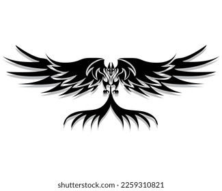 vector design of a black and white symbol or tattoo a flying creature in the shape of a red-eyed bird flapping its wings and its tail between its legs and claws